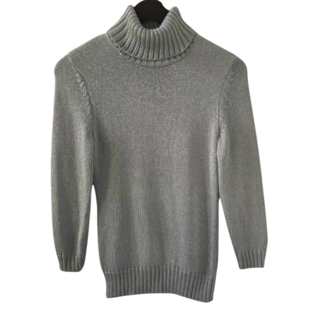 Lauren Ralph Lauren Metallic Silver 3/4 Sleeve Knit Turtleneck Sweater Size XS